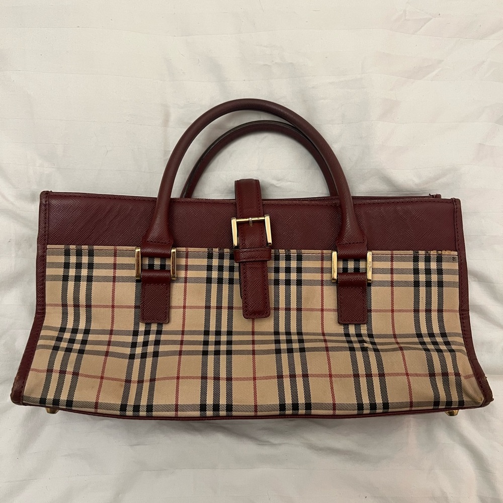 Burberry Handbag Rectangular Buckle Tote Vintage Check Burgundy Trim